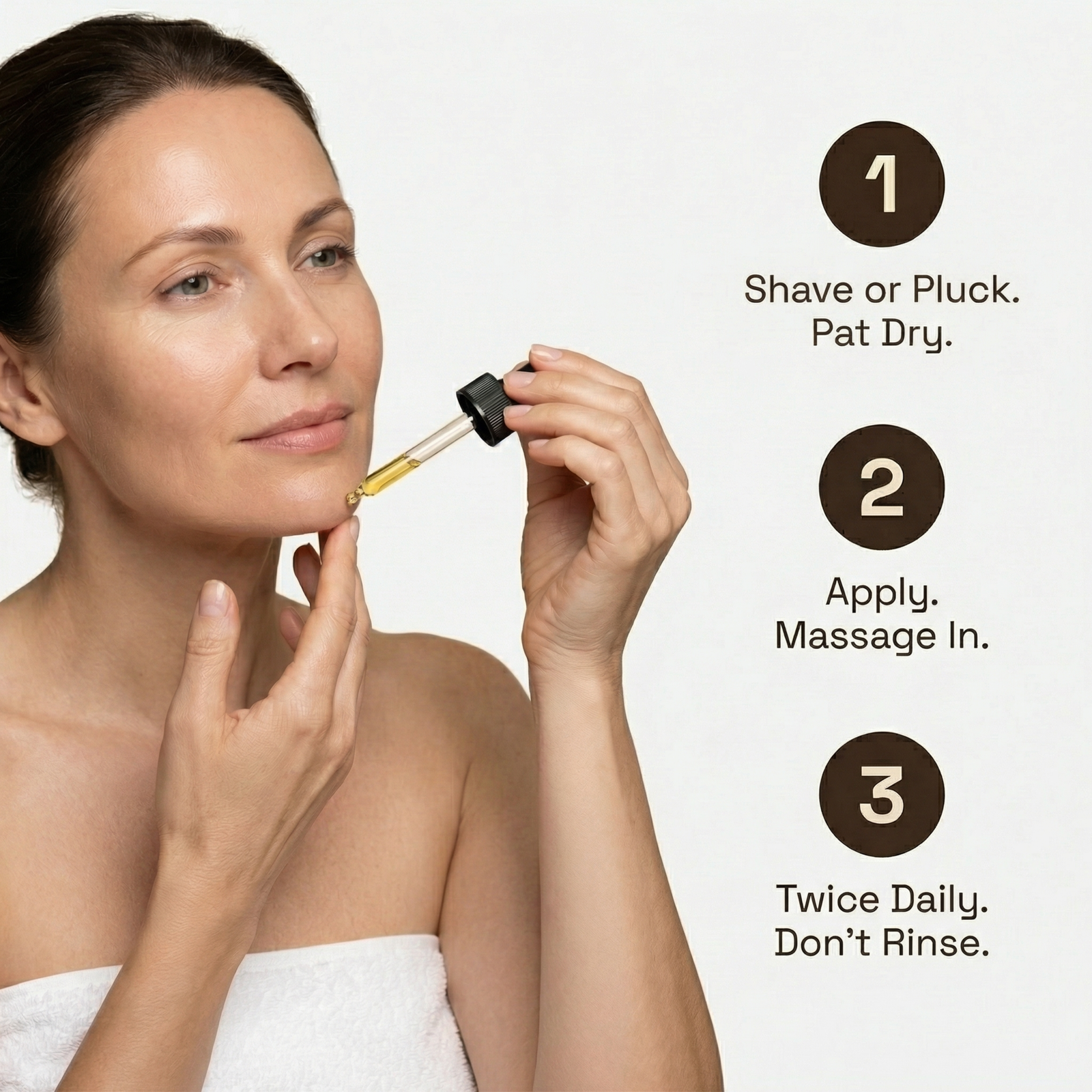 Woman applying Nyvoris dropper to chin — 3-step routine: shave, apply, twice daily