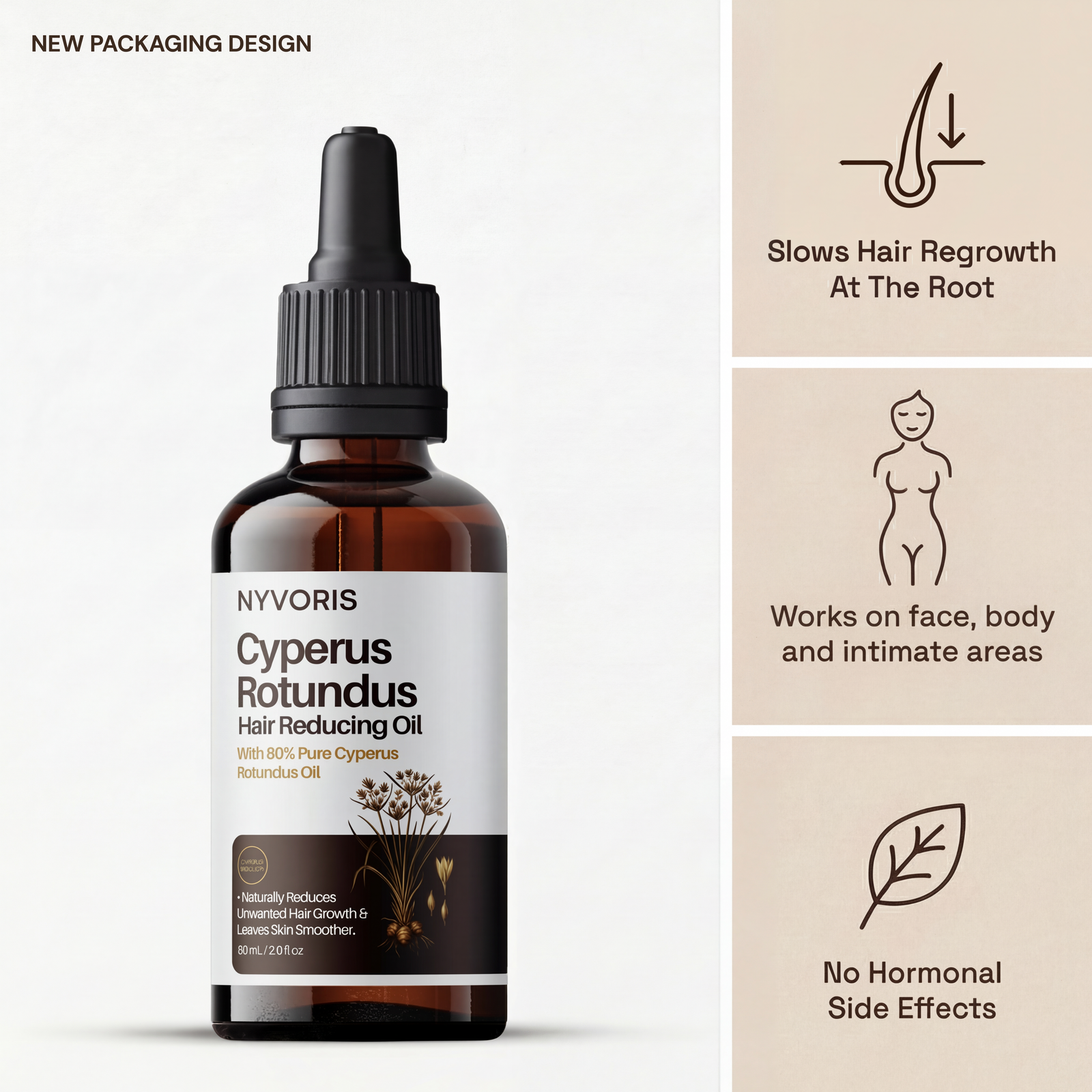 Nyvoris Cyperus Rotundus Hair Reducing Oil — 80% pure formula, slows hair regrowth at the root, works on face, body and intimate areas, no hormonal side effects